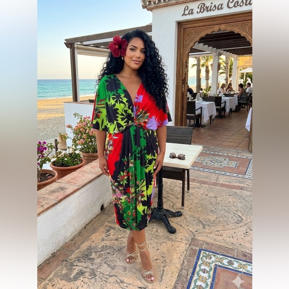 Anthropologie Ranna Gill Red, Green & Black Floral Twist-Front Midi Dress